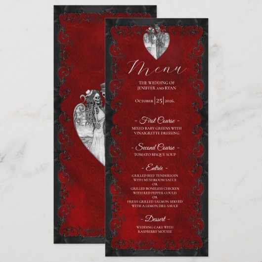Elegante rode gotische trouwmenu menu (Voorkant / Achterkant)