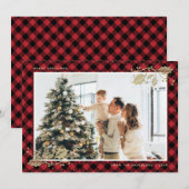 Elegante rode goud geruite kerstkaart met foto (Voorkant / Achterkant)