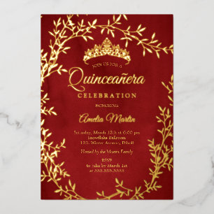 Elegante rode gouden blad krans Quinceanera Folie Uitnodiging