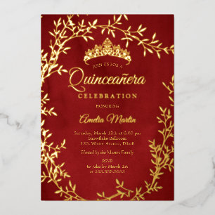 Elegante rode gouden bladkrans Quinceanera Folie Uitnodiging