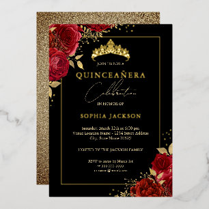 Elegante Rode Gouden Bloem Roos Tiara Quinceanera Folie Uitnodiging