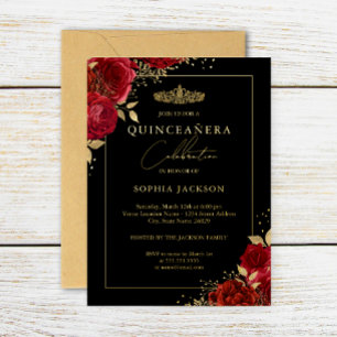 Elegante Rode Gouden Bloemenkroon Quinceanera Folie Uitnodiging