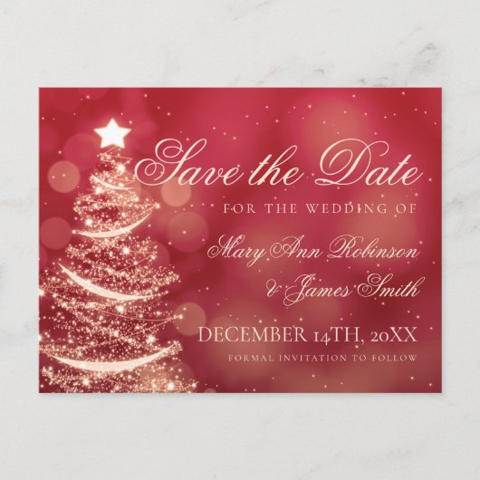 Elegante Rode & Gouden Kerst Huwelijksaankondiging Aankondigingskaart (Voorkant)