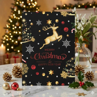 Elegante Rode Gouden Rendier Kerstboom Kaart