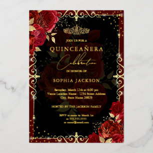 Elegante Rode Gouden Roos Quinceanera Folie Uitnodiging