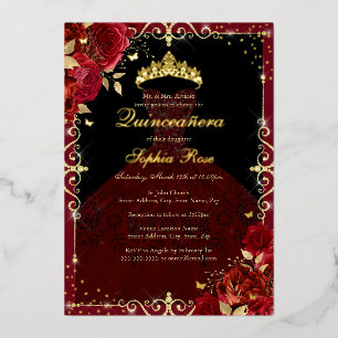 Elegante Rode Gouden Roze Jurk Quinceanera Folie Uitnodiging