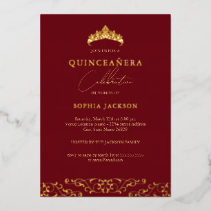 Elegante Rode Gouden Tiara Script Quinceanera Folie Uitnodiging