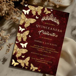 Elegante Rode Gouden Vlinder Quinceanera Folie Uitnodiging