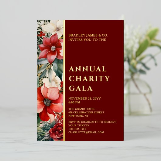 Elegante Rode Groene Bloemen Charity Event Gala Pa Folie Uitnodiging (Staand Voorkant)