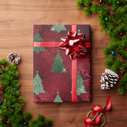 Elegante rode groene kerstbomen Damask Cadeaupapier (Feestdagen Geschenken)
