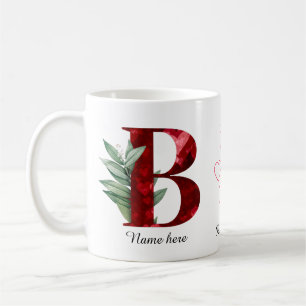 Elegante Rode Hart Bloem Letter B Initiële Koffie Koffiemok