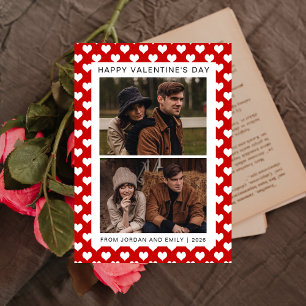 Elegante Rode Harten Gelukkige Valentijnsdag 2 Fot Feestdagenkaart