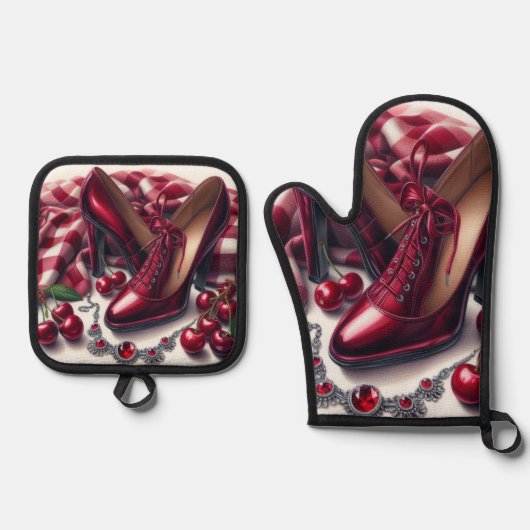 Elegante rode hoge hakken met kersen ovenwant & pannenlap set (Voorkant)