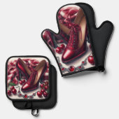 Elegante rode hoge hakken met kersen ovenwant & pannenlap set (Voorkant / Achterkant)