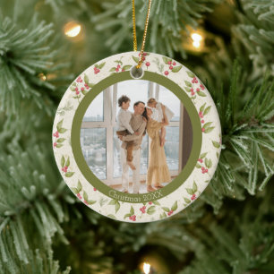 Elegante rode Holly bessen groen Lijst familie fot Keramisch Ornament