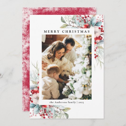 Elegante rode Holly bessen vrolijke kerstfoto Feestdagenkaart (Voorkant / Achterkant)