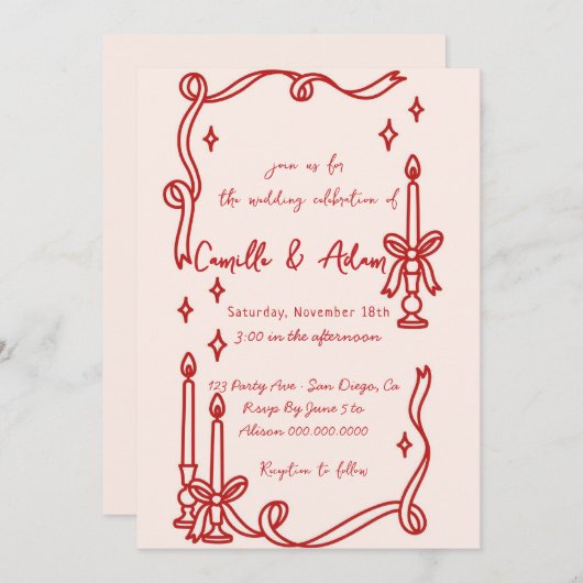 Elegante rode kaars Handgetekende trouwuitnodiging Kaart (Voorkant / Achterkant)