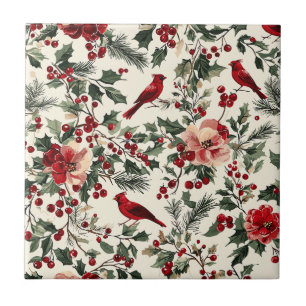 Elegante Rode Kardinaal Winter Botanische Crème Tegeltje