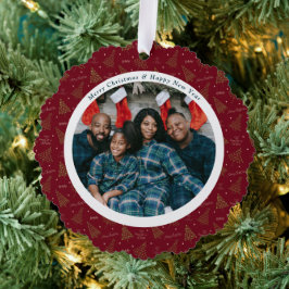 Elegante rode kerst & gelukkig nieuwjaar 2 foto's ornament kaart