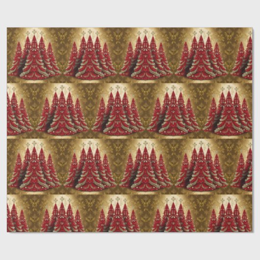 Elegante Rode Kerstboom Goud vrolijk kerstpatroon Cadeaupapier (Vlak)