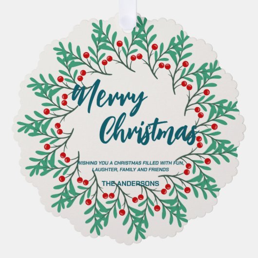 Elegante rode krans Holly bessen vrolijke kerstboo Ornament Kaart (Voorkant)