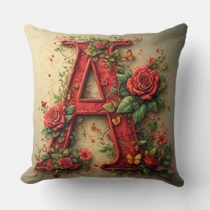 Elegante Rode Letter A Omringd door Rozen Kussen