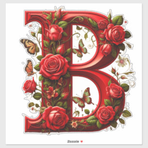 Elegante Rode Letter B met Rozen en Vlinder Sticker