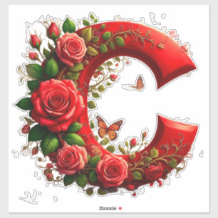 Elegante Rode Letter C met Rozen en Vlinder Sticker