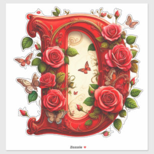 Elegante Rode Letter D met Rozen en Vlinder Sticker