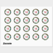 Elegante rode monogram beginletter kerstkrans ronde sticker (Vel)