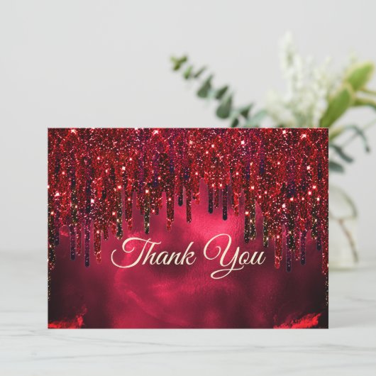 Elegante rode nep glinsterende druppels bedankkaart (Staand voorkant)