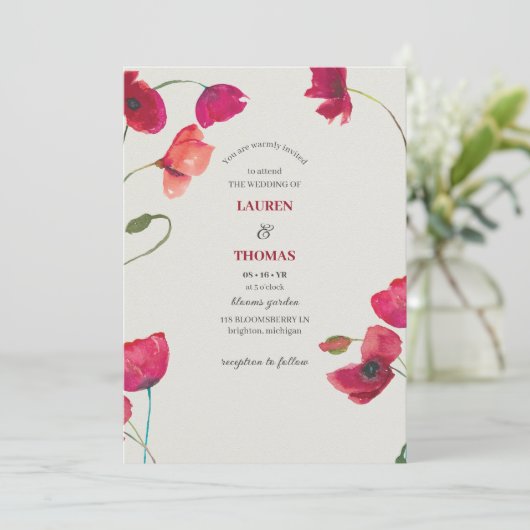 Elegante rode papaver bloemenbruiloft kaart (Staand voorkant)