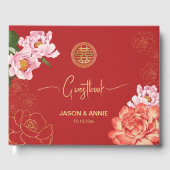 Elegante rode pioen Chinees bruiloft welkom Gastenboek (Voorkant)