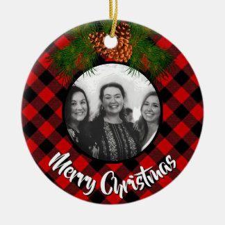 Elegante rode plaid pinecone foto sjabloon keramisch ornament