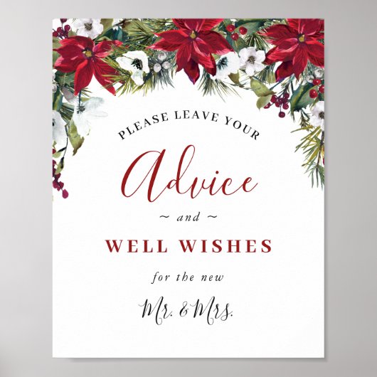 Elegante Rode Poinsettia Advies & Wensen Bruiloft Poster (Voorkant)