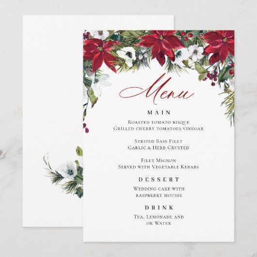 Elegante rode poinsettia kerstbruiloft menu kaart (Voorkant / Achterkant)
