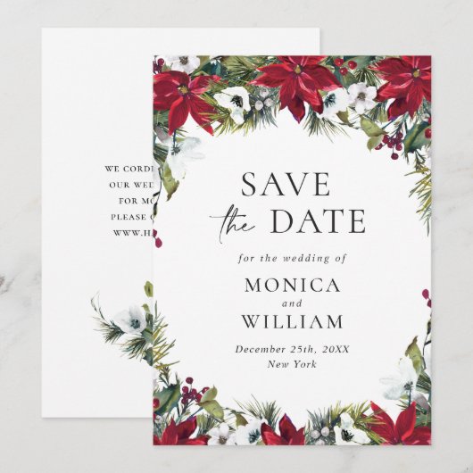 Elegante rode poinsettia Kerstbruiloft Save The Date (Voorkant / Achterkant)