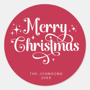 Elegante rode retro vrolijk kerstscript op maat ronde sticker