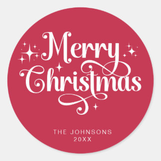 Elegante rode retro vrolijk kerstscript op maat ronde sticker