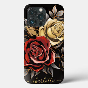 Elegante rode roos bloem goud zwart iPhone 13 pro hoesje