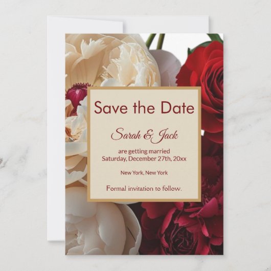 Elegante rode roos & crème pioenroos save the date (Voorkant)