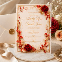 Elegante rode roos & gouden bloemen bruiloftsinvat