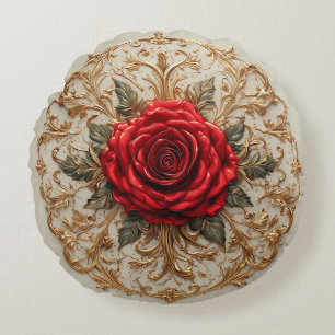 Elegante rode roos met sierlijk gouden bloemmotief rond kussen