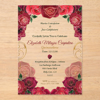 Elegante Rode Roos Quinceañera Moderne Bloemen 15  Acryl Uitnodigingen