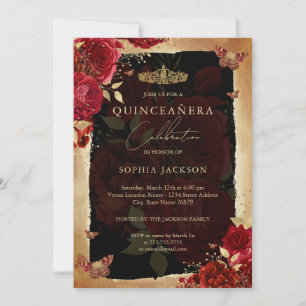 Elegante Rode Roze Gouden Quinceanera Uitnodiging