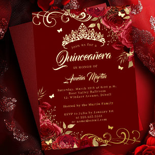 Elegante Rode Roze Gouden Wervel Quinceanera Folie Uitnodiging