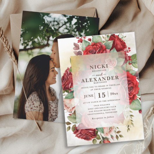 Elegante rode roze rozen foto bruiloft kaart