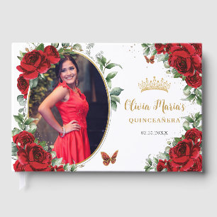 Elegante rode rozen bloemengoud quinceanera foto gastenboek