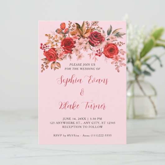 Elegante rode rozen bloemenzacht roze bruiloft kaart (Staand voorkant)