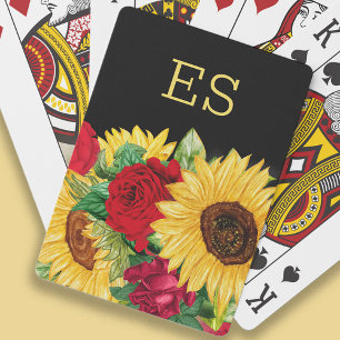 Elegante rode rozen Gele zonnebloemen Zwart monogr Pokerkaarten